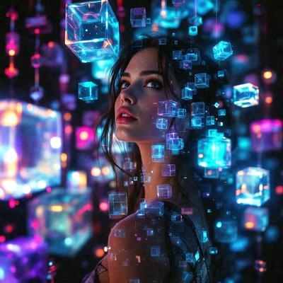 The primary subject of the image is a woman with long hair, who is the main focus of the scene. She is surrounded by a vibrant and colorful environment, which includes a backdrop of blue and purple cubes. The visual style of the image is a combination of photo and digital art, creating a unique and eye-catching scene. The colors and mood of the image are predominantly blue and purple, giving it a calming and serene atmosphere.